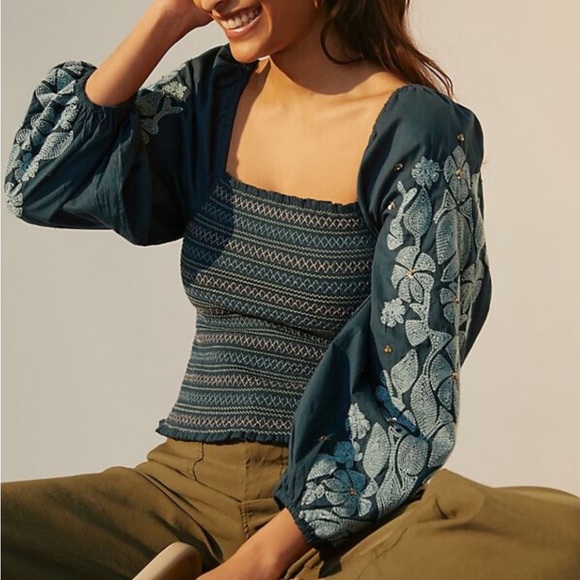 Anthropologie Tops - Anthropologie Boho Teal Embroidered Smocked Blouse with Puff Sleeves size Medium